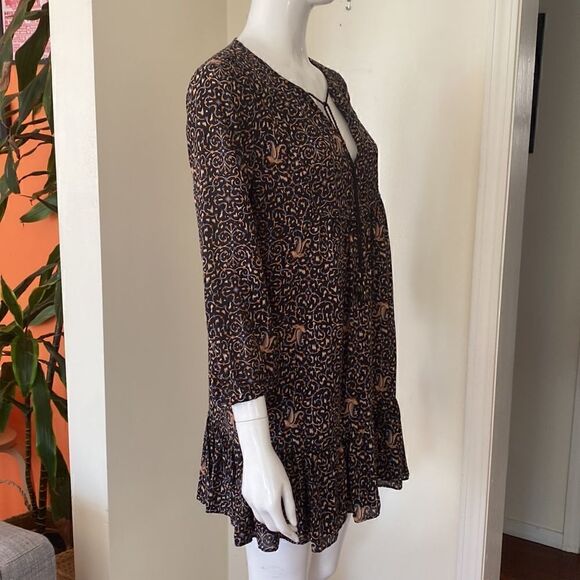 Madewell Black Printed Silk Fiesta Paisley Bell-Sleeve Mini Tunic Dress Size 2 - Picture 9 of 16